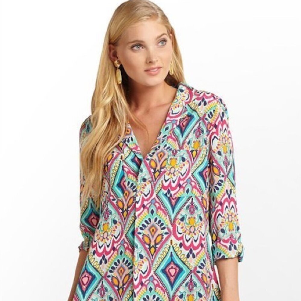 LILLY PULITZER Crown Jewels Boston Top 100% Silk Colorful Pockets